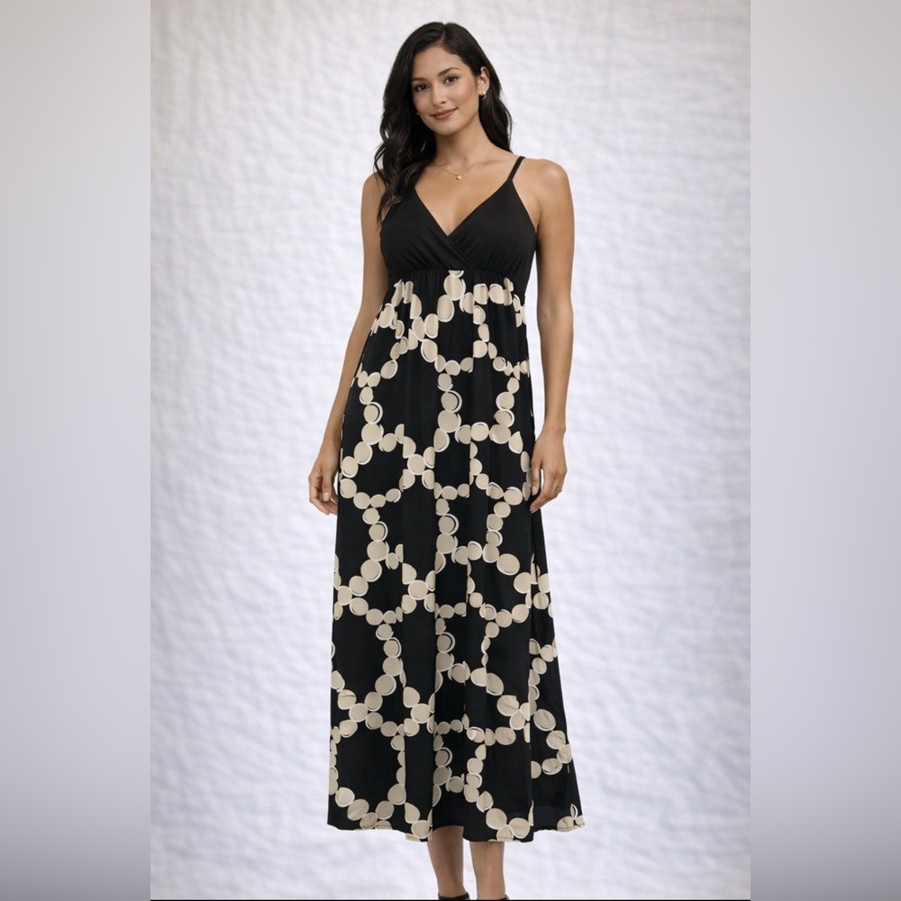 INC Black & Cream Maxi Dress | Graphic Print | Spaghetti Strap | Size S